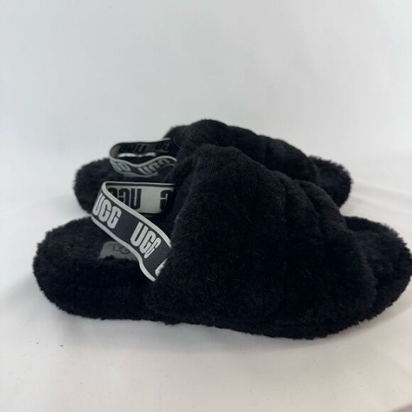 UGG Kid's Black Flat Strap Comfort Slip On Fluff Yeah Slide Sandal Size 6 - Picture 2 of 8
